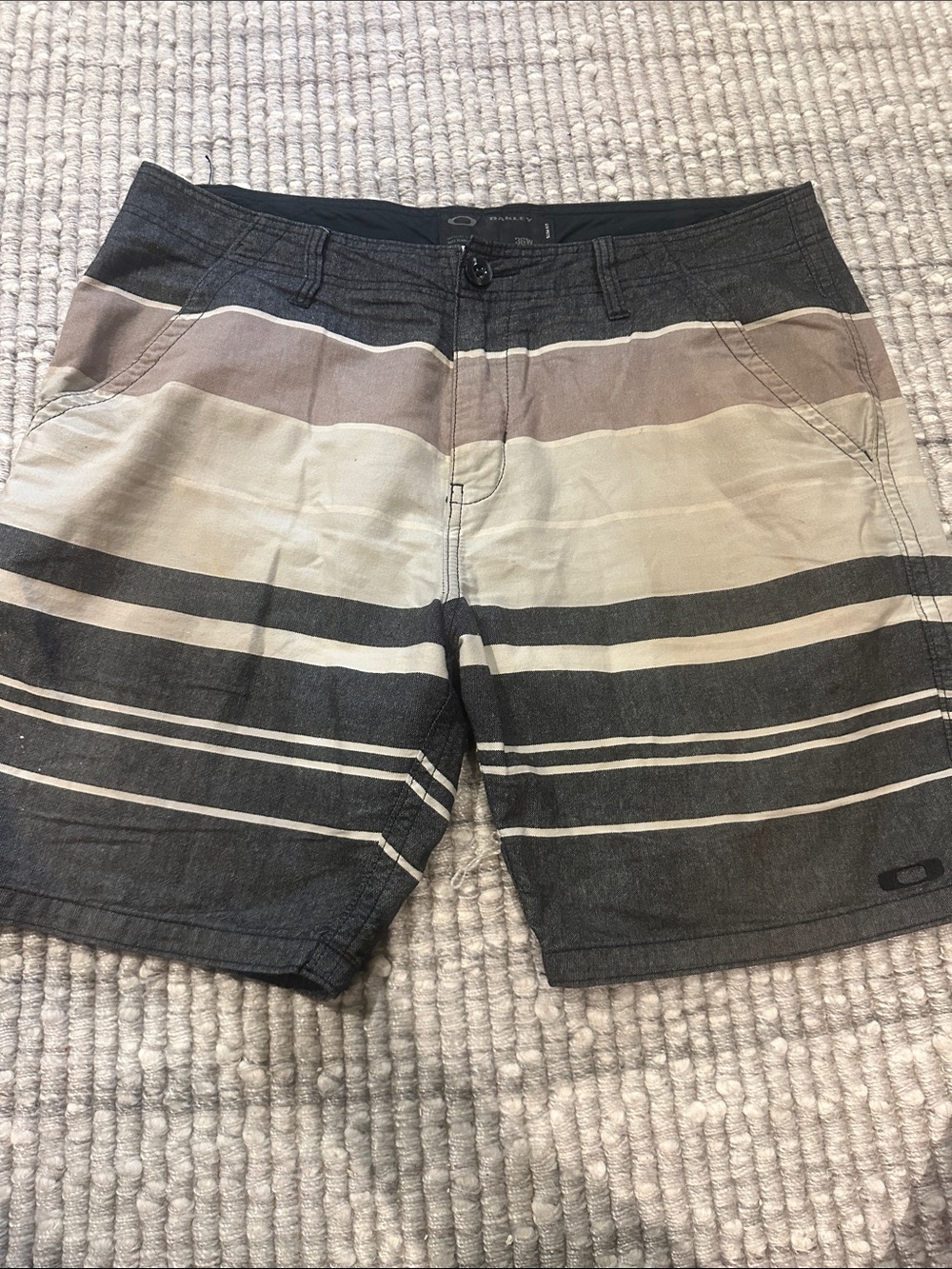 Oakley Men's Striped Swim/Board Shorts in Black, Tan, Cream